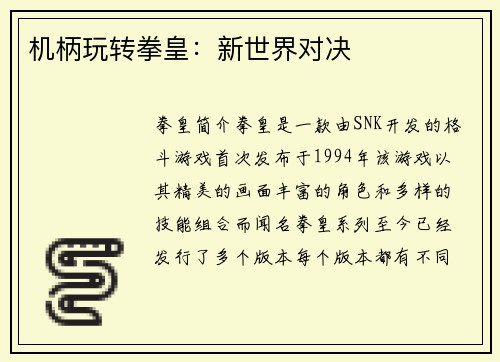 机柄玩转拳皇：新世界对决