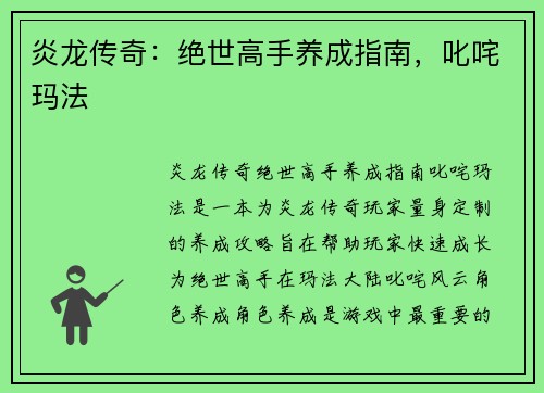 炎龙传奇：绝世高手养成指南，叱咤玛法